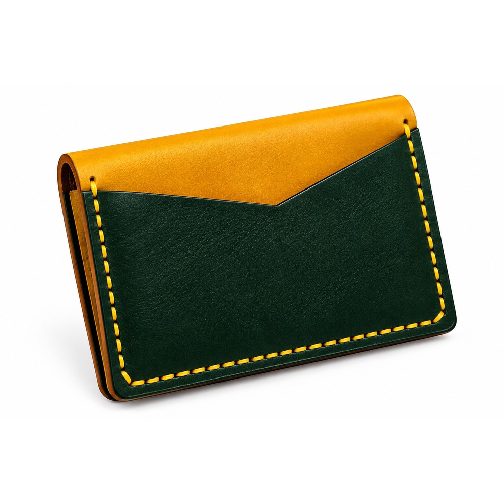 Leather Card Holder Wallet Slim Bifold Mustard Yellow / Forest Green